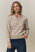 Taupe Stripe Lace Trim Sweater - front view