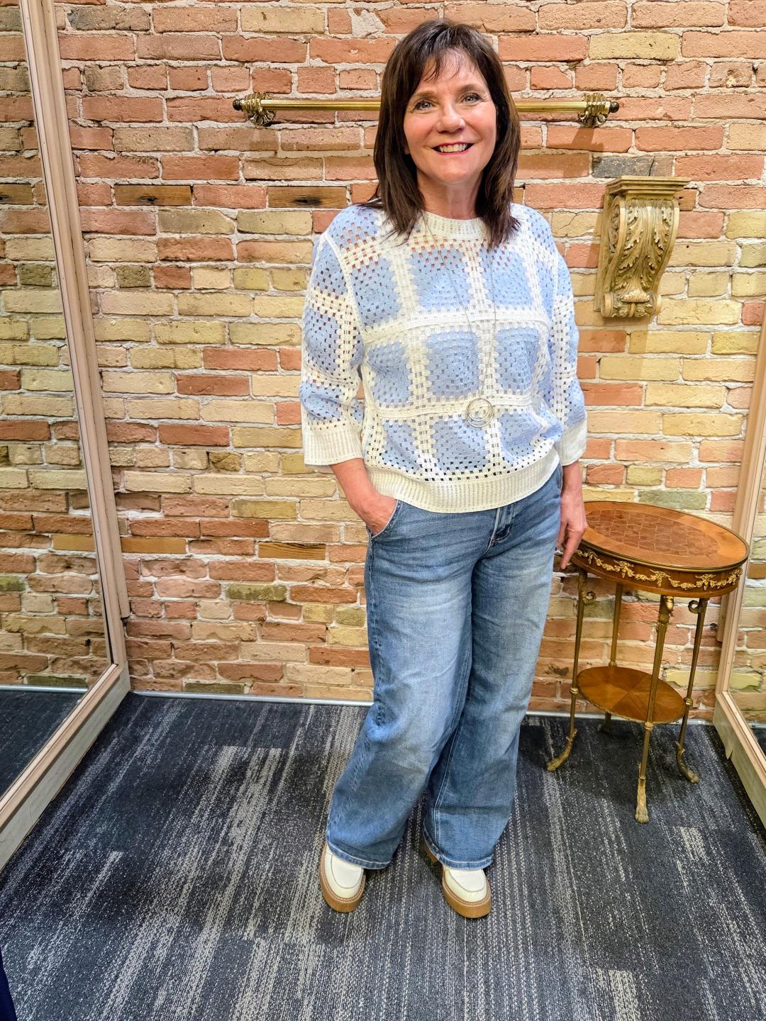 Baby Blue & Cream Crochet Granny Square Sweater