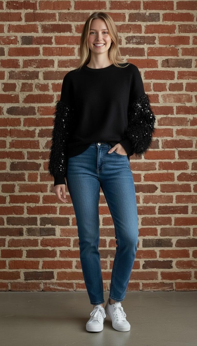Black Sequin Sleeve Sweater - Full length view on model against brick wall