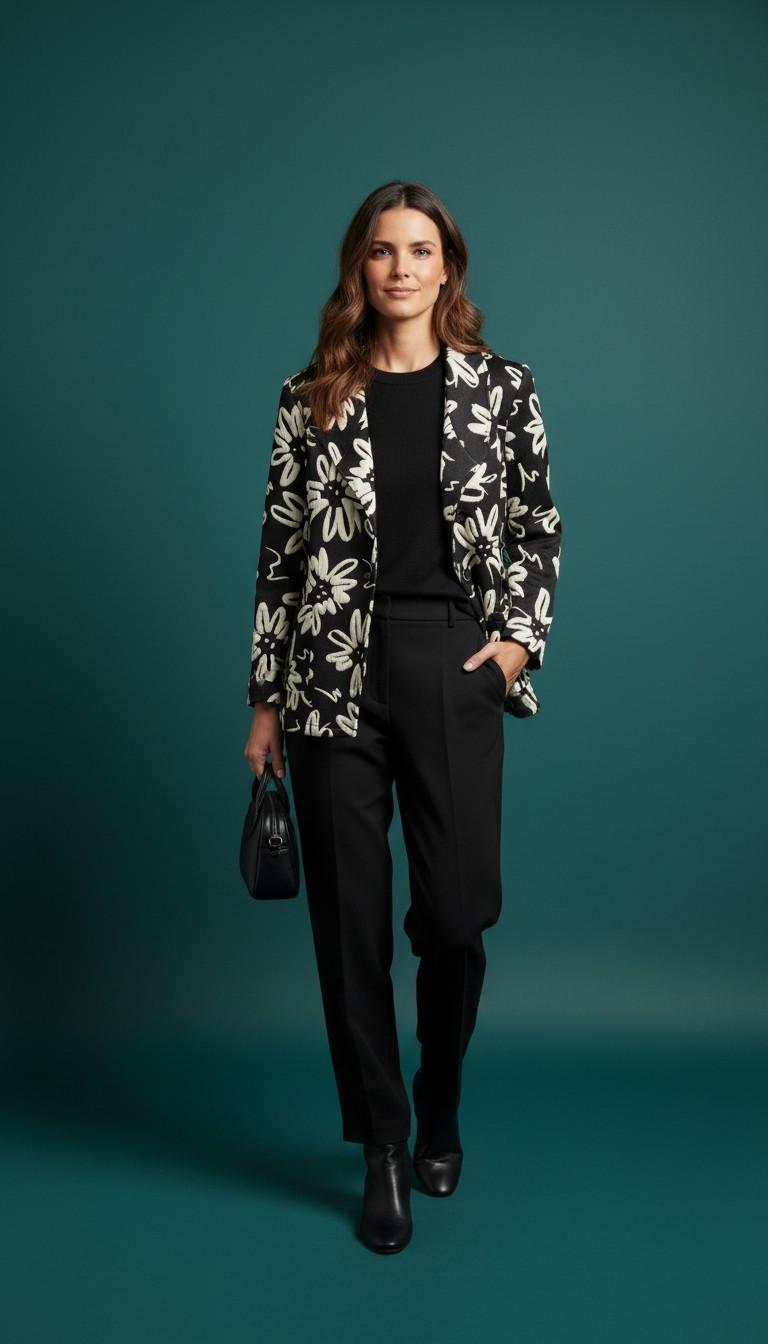 Black and white floral A-line jacket worn by a woman against a teal background