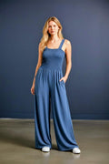 Blue Smocked Wide-Leg Jumpsuit