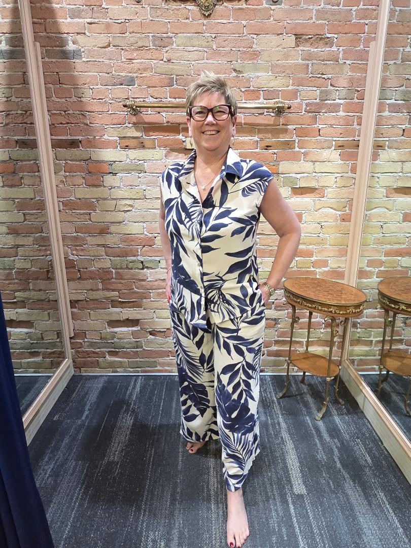 Navy & Cream Tropical Palm Leaf Print Ankle Pants