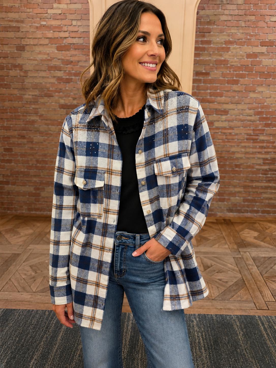 Blue plaid shirt with bling — navy, white and brown plaid with rhinestone detail