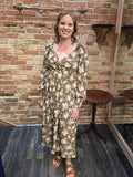 Beige Floral Long Sleeve Maxi Dress