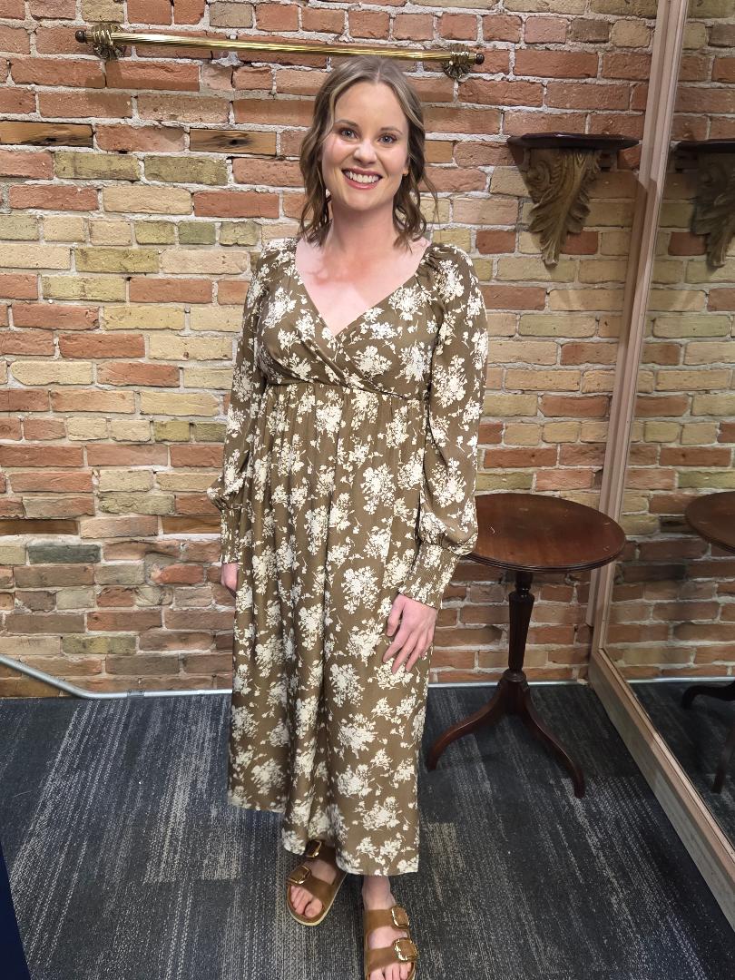 Beige Floral Long Sleeve Maxi Dress