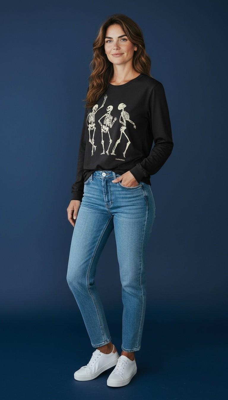 Black long-sleeve tee with three dancing skeletons graphic