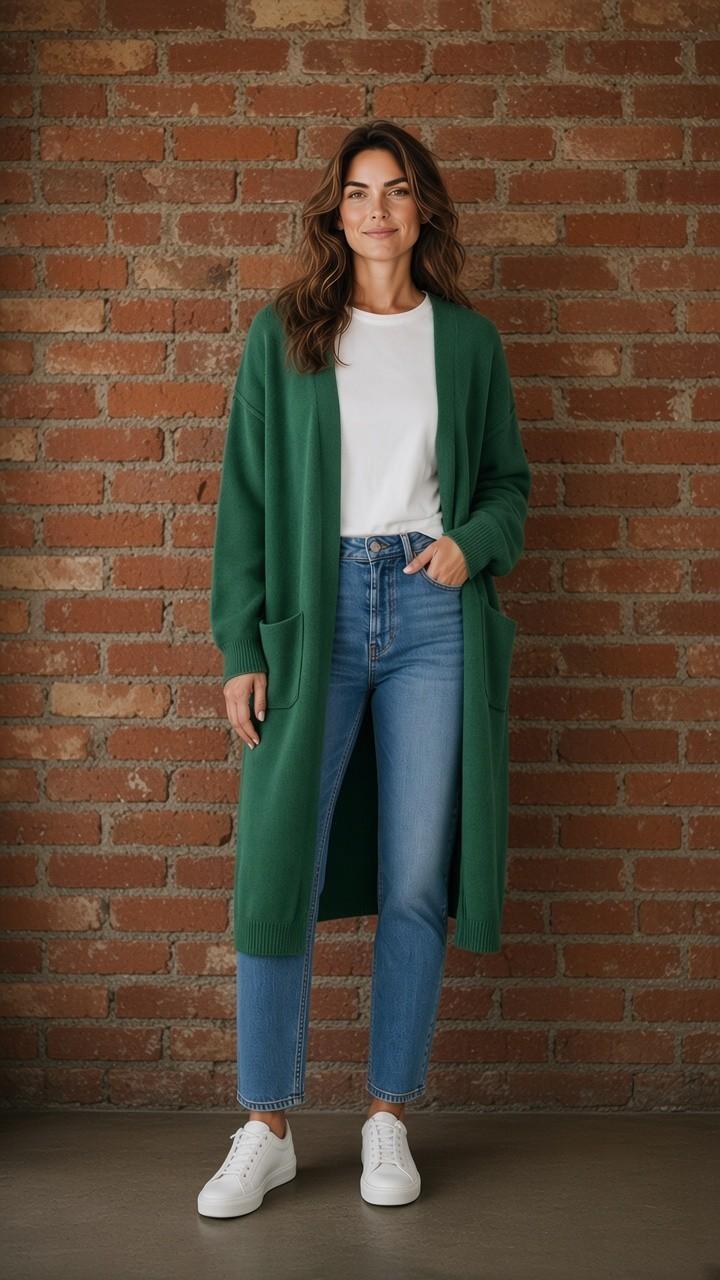 Front view of green longline open-front cardigan with patch pockets