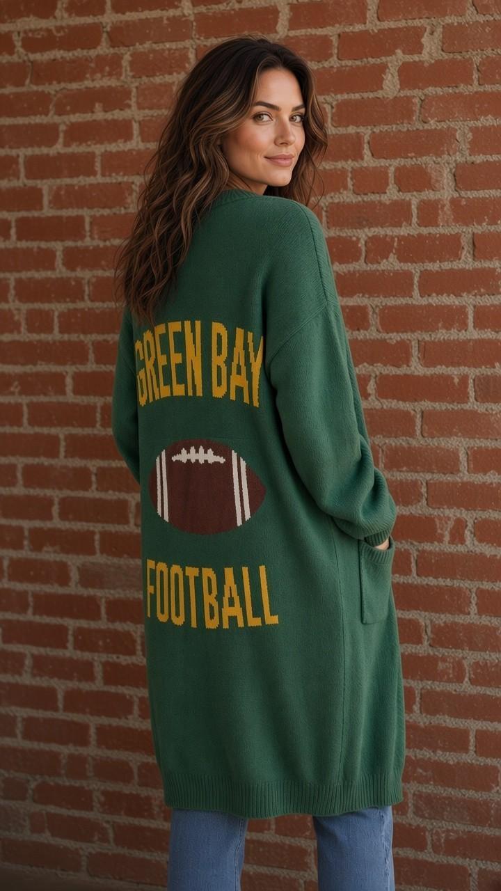 Back of green cardigan with yellow Green Bay Football lettering and football graphic