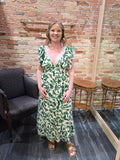Cream & Green Botanical Ruffle Maxi Dress