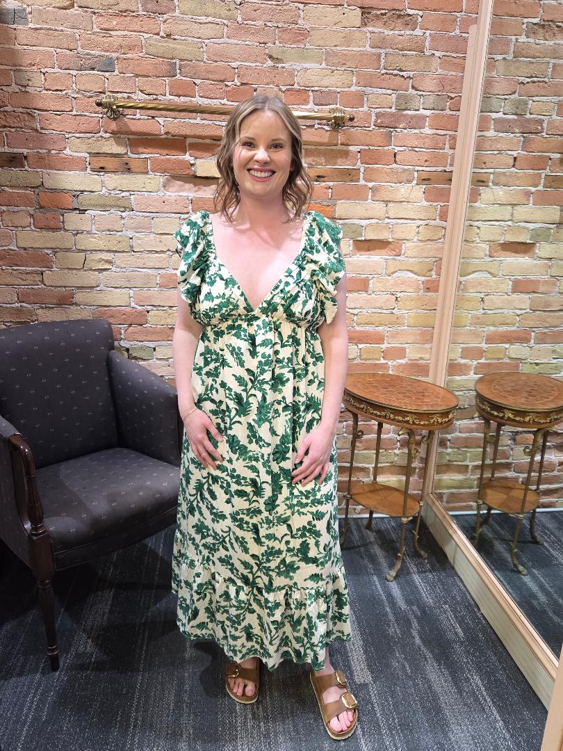 Cream & Green Botanical Ruffle Maxi Dress