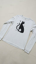 Grey long-sleeve tee with a black cat and star graphic