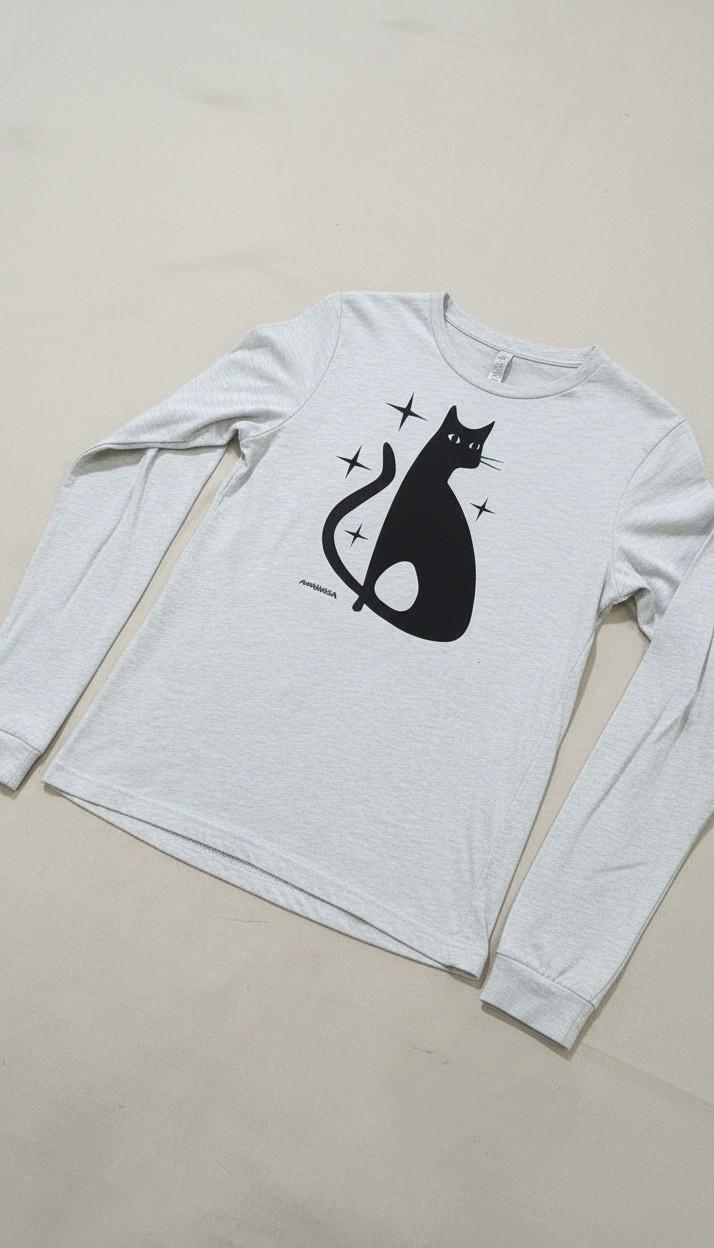 Grey long-sleeve tee with a black cat and star graphic
