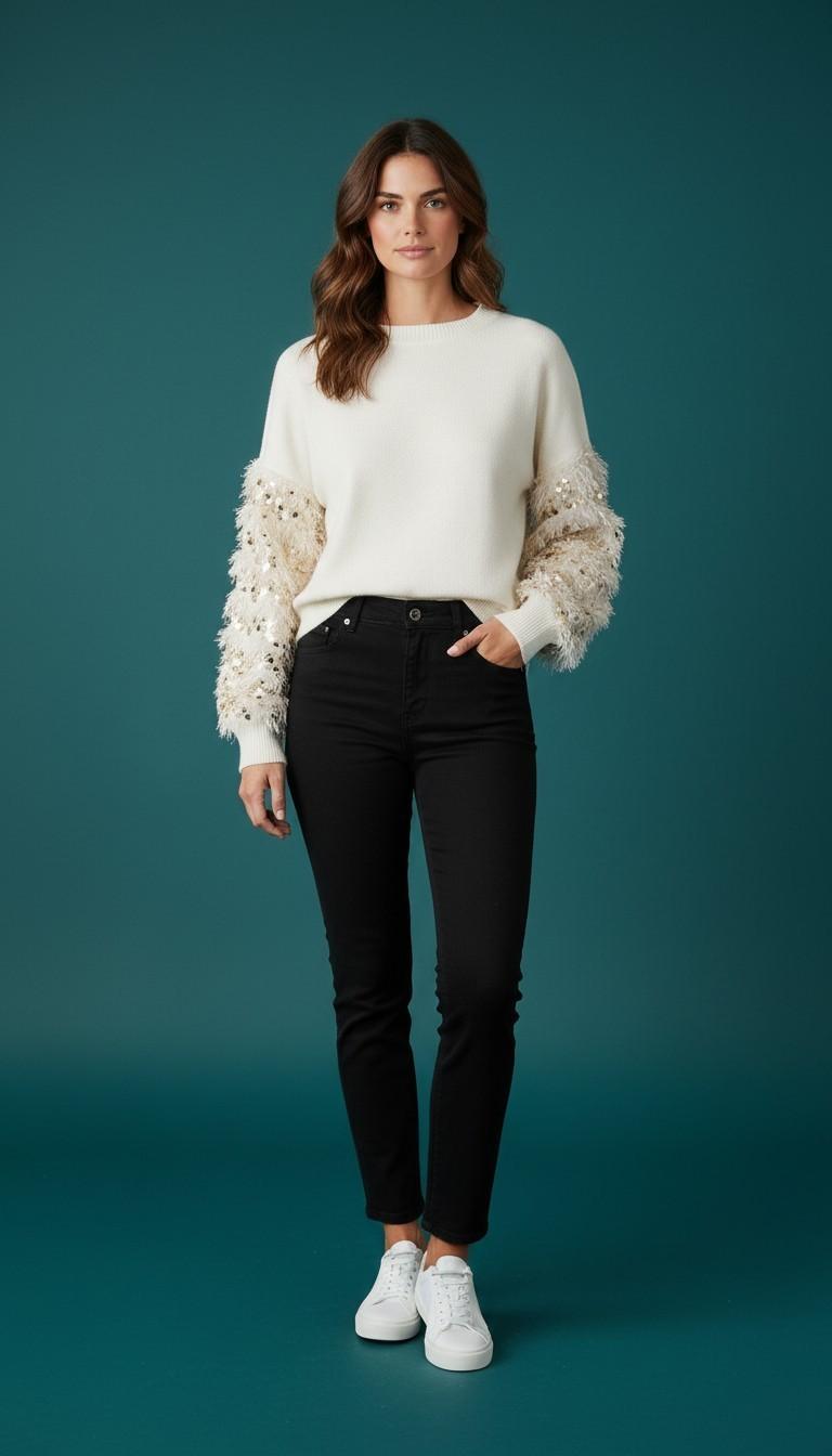 Ivory Sequin Sleeve Sweater - Full length view on model against teal background