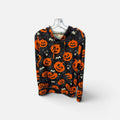Black hoodie with orange jack-o'-lanterns, bats, ghosts, and cobwebs