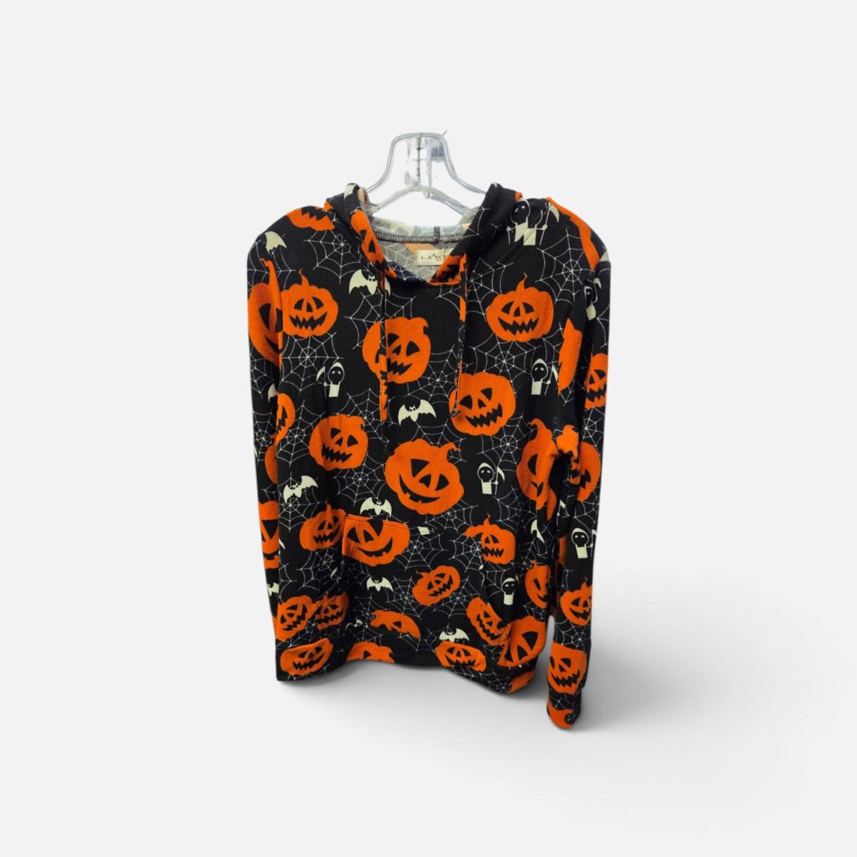 Black hoodie with orange jack-o'-lanterns, bats, ghosts, and cobwebs
