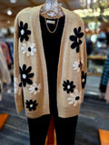 Sand cardigan with black and ivory daisy flowers