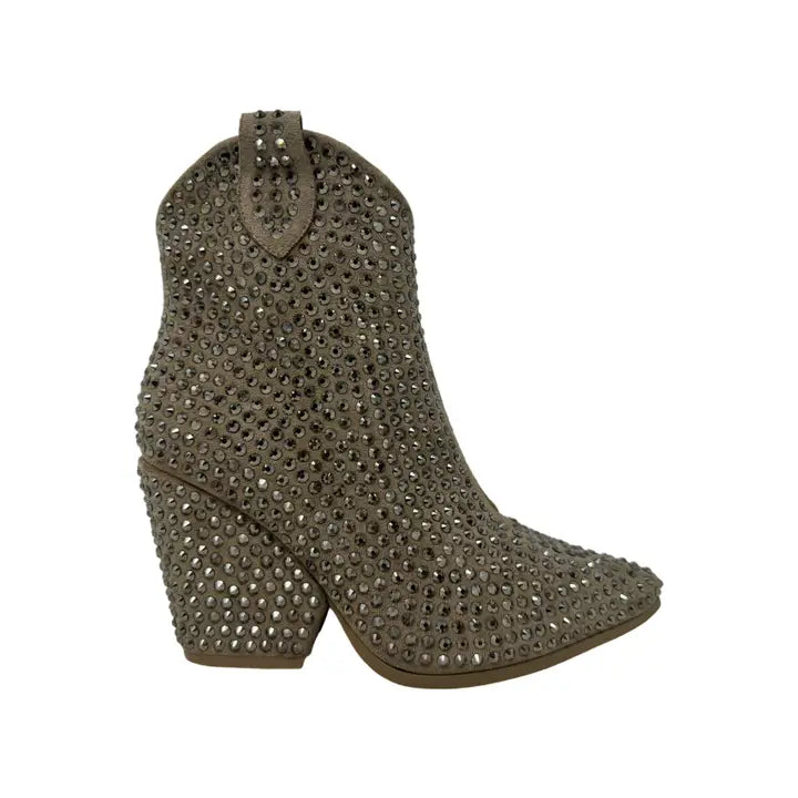 Taupe rhinestone studded cowboy ankle boot with block heel, side view
