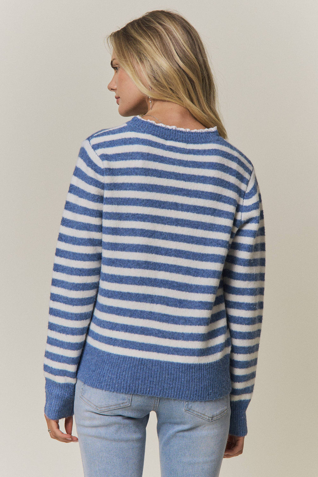 Blue Stripe Lace Trim Sweater - back view