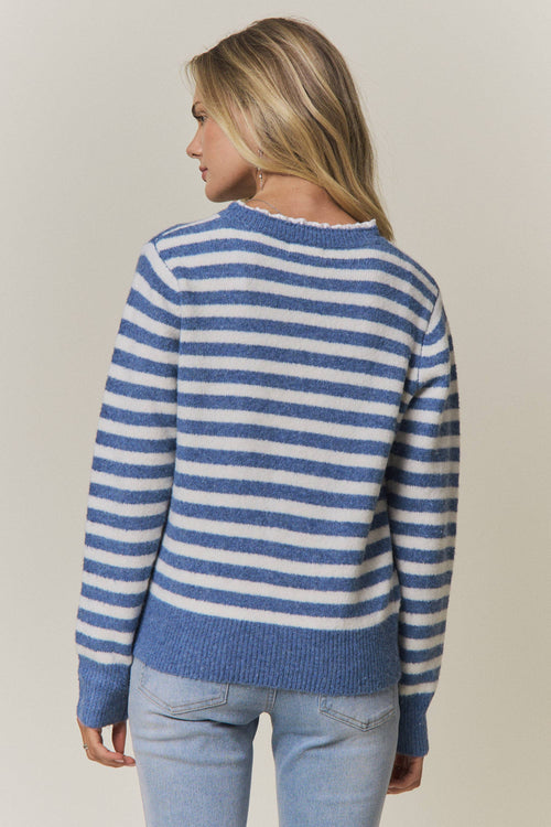 Blue Stripe Lace Trim Sweater - back view