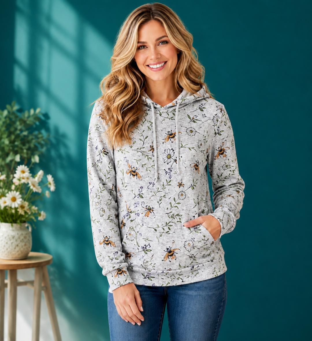 Bee & Botanical Print Hoodie Sweatshirt