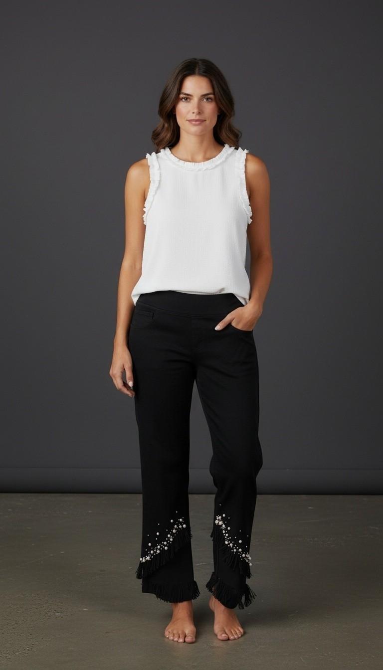 Pull On Black Jeans with Pearl Fringe