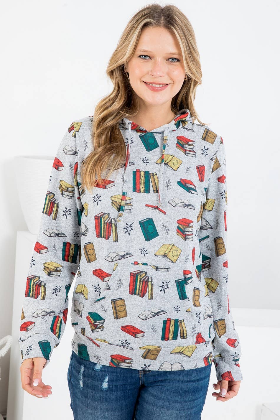 Book and botanical print hoodie sweatshirt - front view