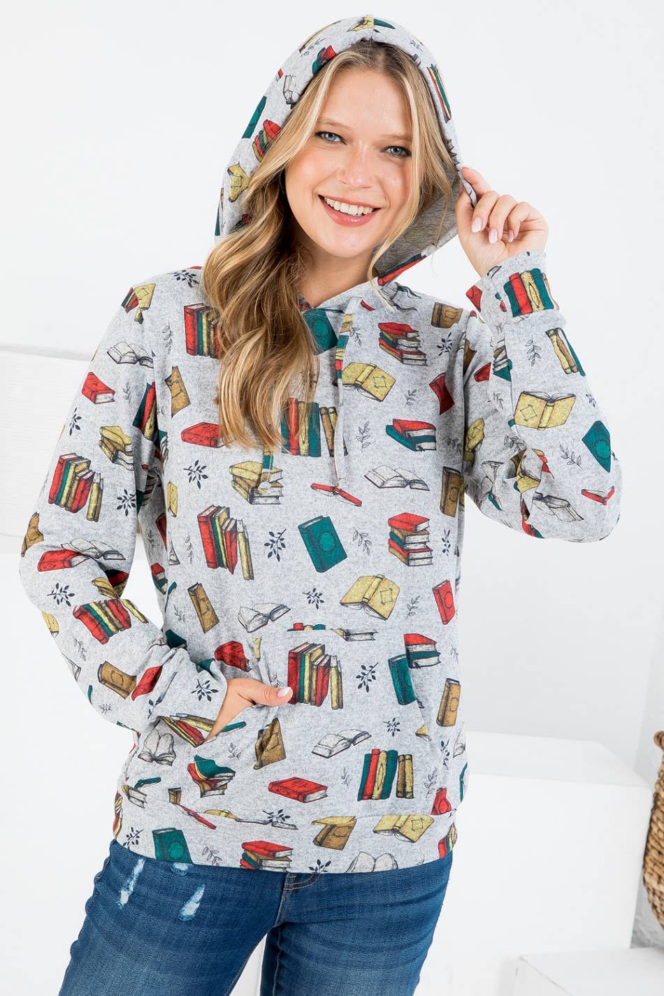 Book and botanical print hoodie sweatshirt - hood detail