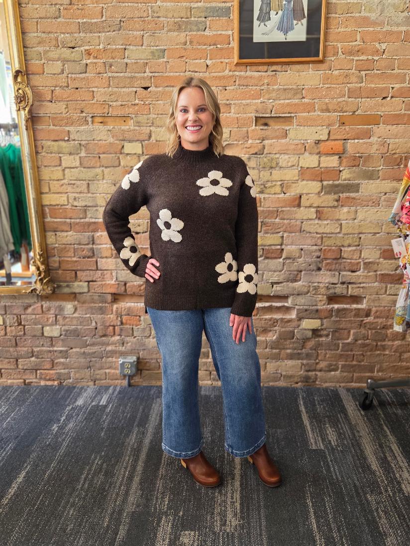 Chocolate daisy print mock neck sweater in brown with cream floral pattern