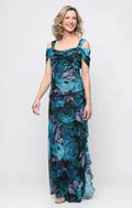 Floral Cold Shoulder Dress full length view - teal and navy floral print gown