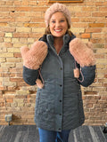 Pink rex rabbit fur mittens with string attachment - front view