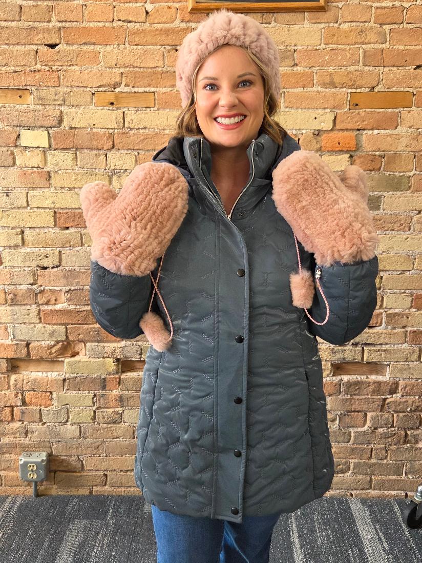 Pink rex rabbit fur mittens with string attachment - front view