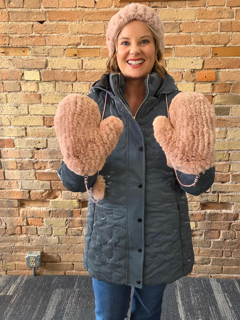 Pink rex rabbit fur mittens with string attachment - close up view