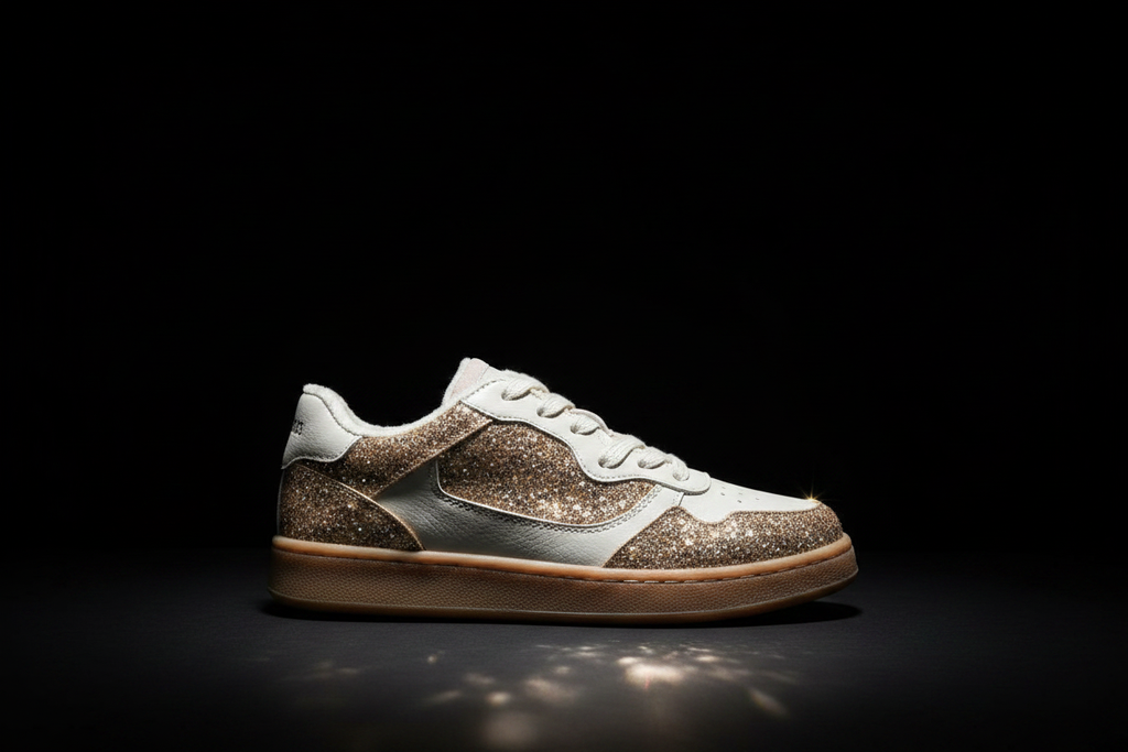 Gold Glitter Sneakers - Black Background Side