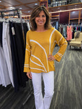 Mustard yellow sweater with white curved line detail