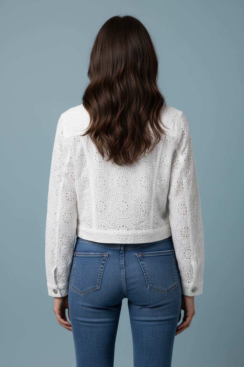 Woman wearing a white eyelet lace jacket with blue denim jeans, back view