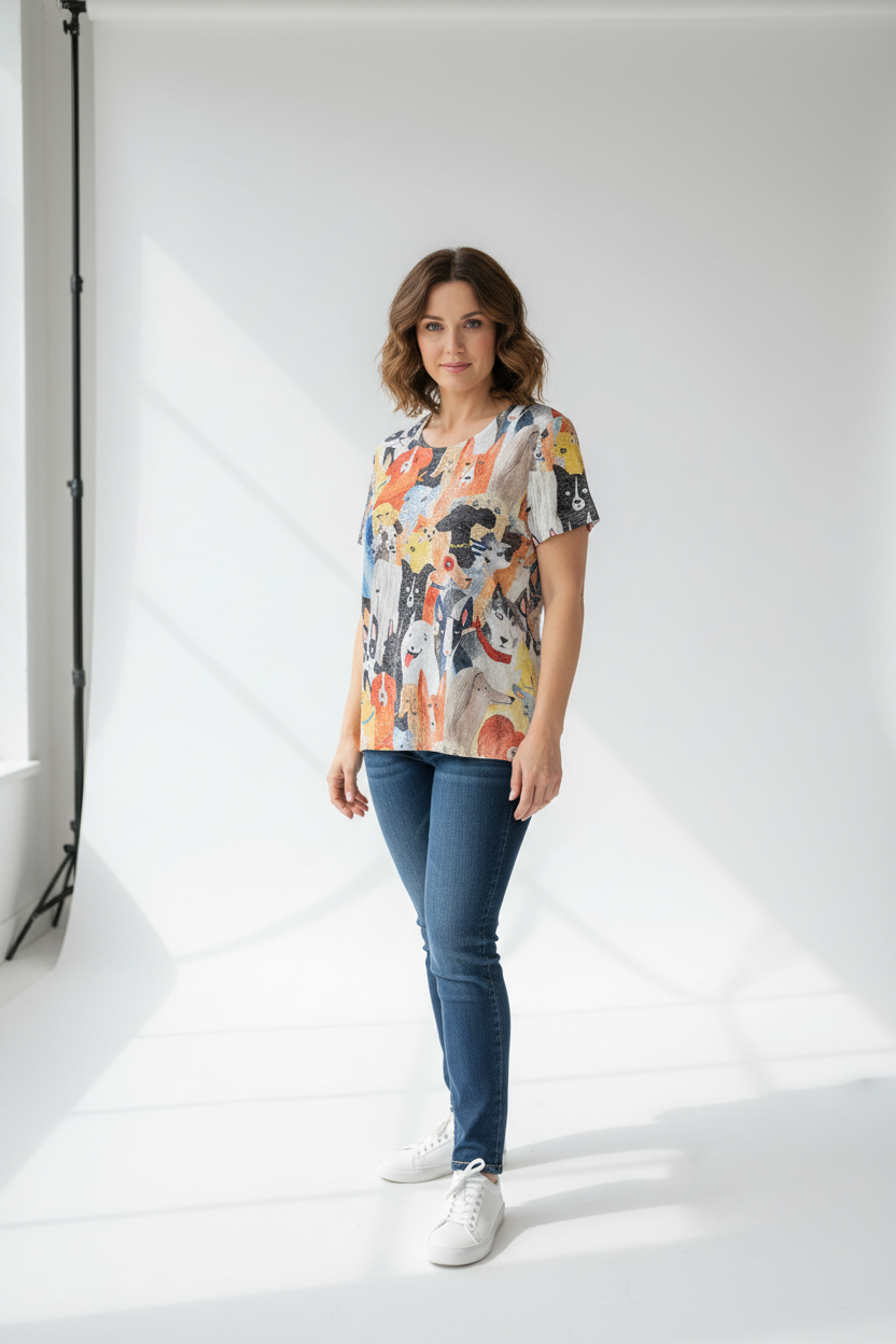 Colorful Dogs Graphic Tee on model