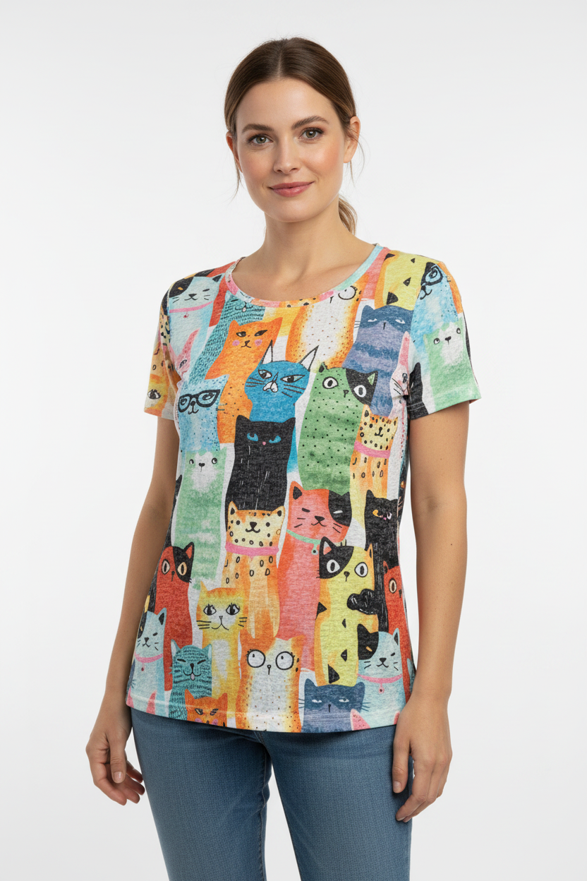 Colorful Cats Graphic Tee on model