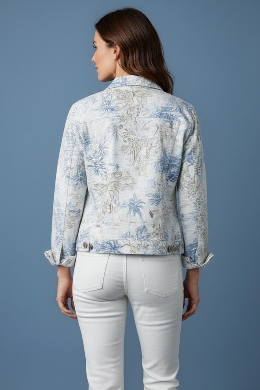 Back view of the Palm Tree Print Jacket showing full all-over botanical print in ivory, tan, and dusty blue