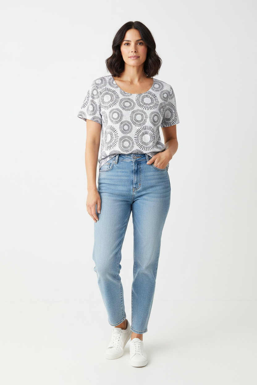 Black & White Sunburst Graphic Tee on model