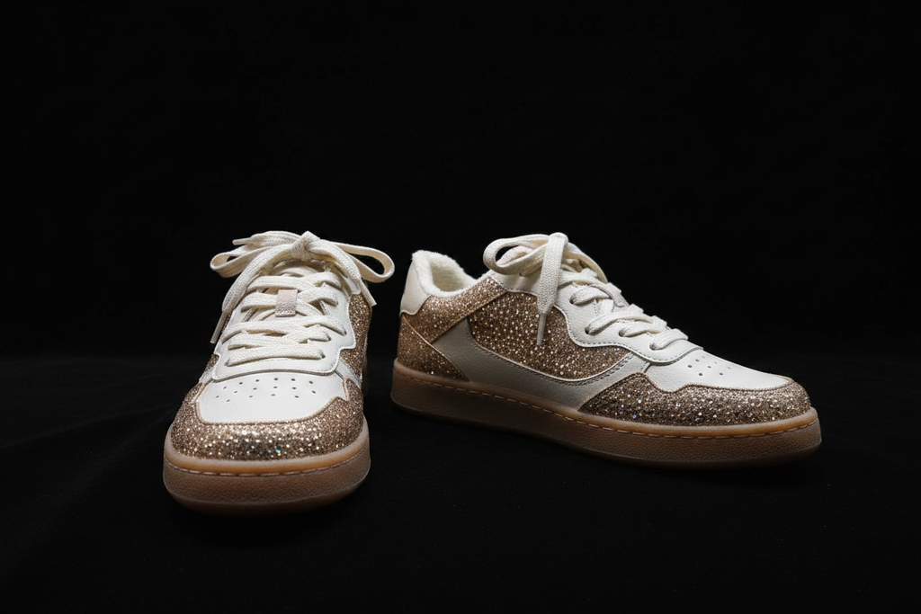 Pair of white and gold rhinestone sneakers showing front and side profile on black background