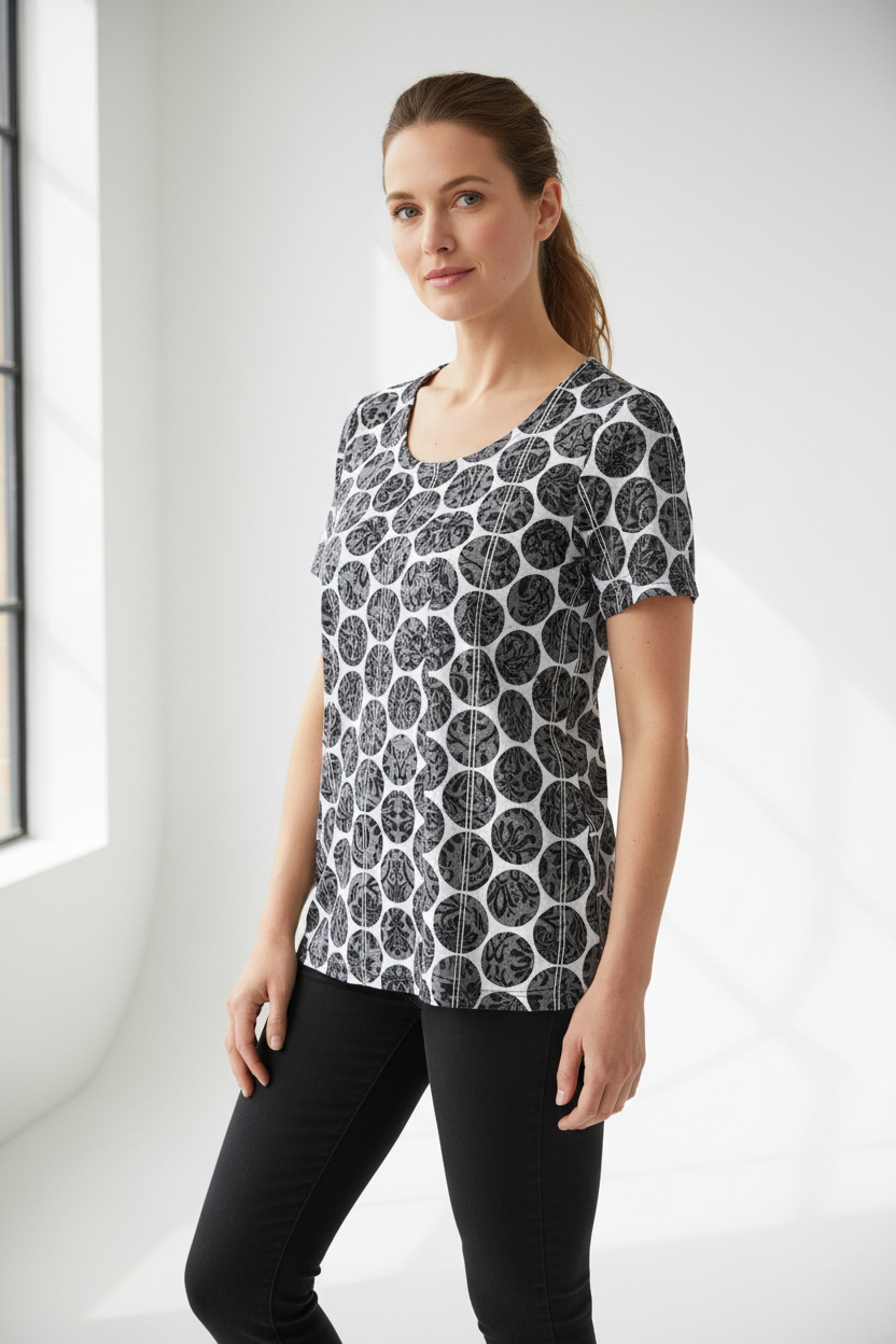 Black Damask Dot Graphic Tee on model