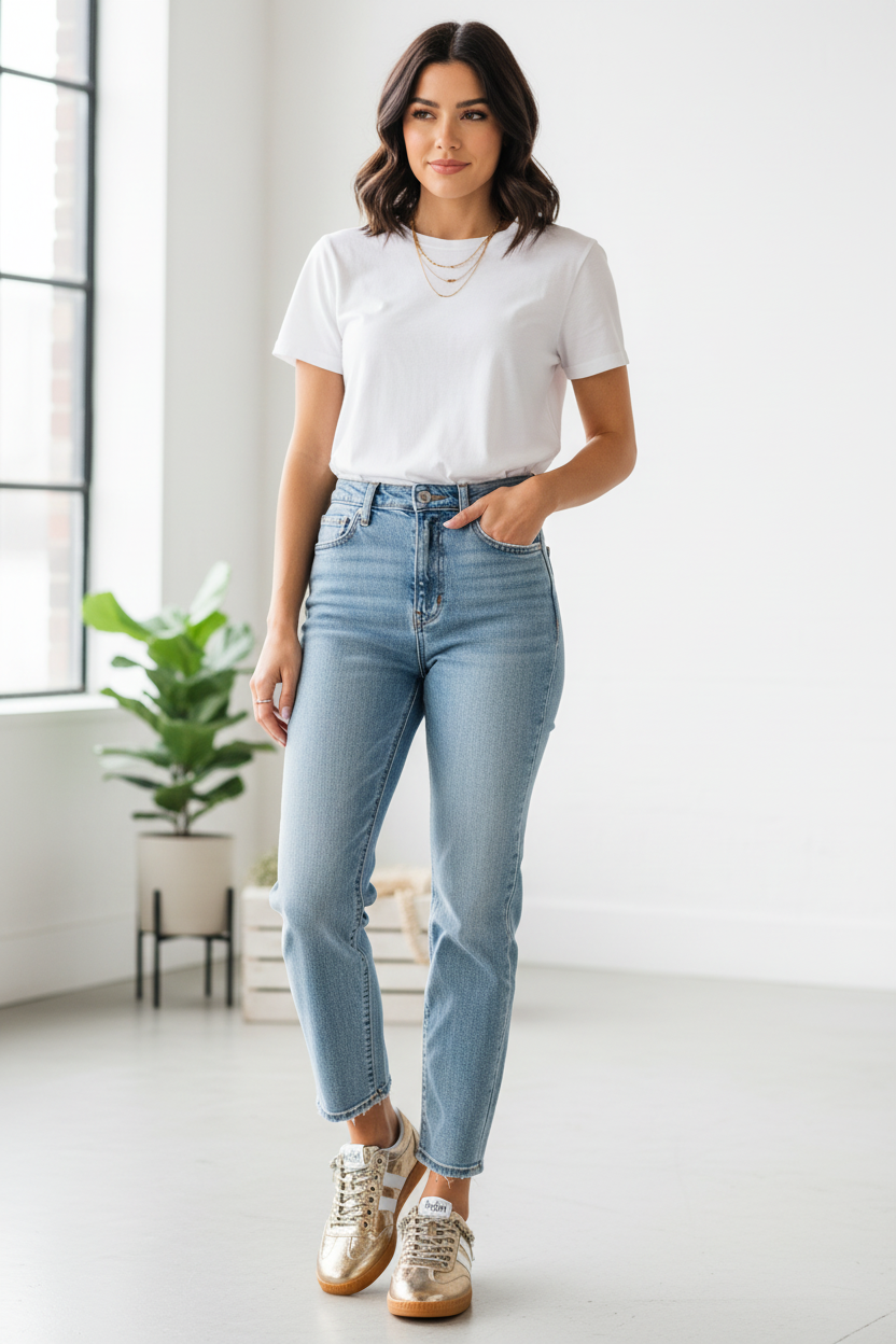 Corkys Heads Up gold metallic sneaker on model with casual outfit