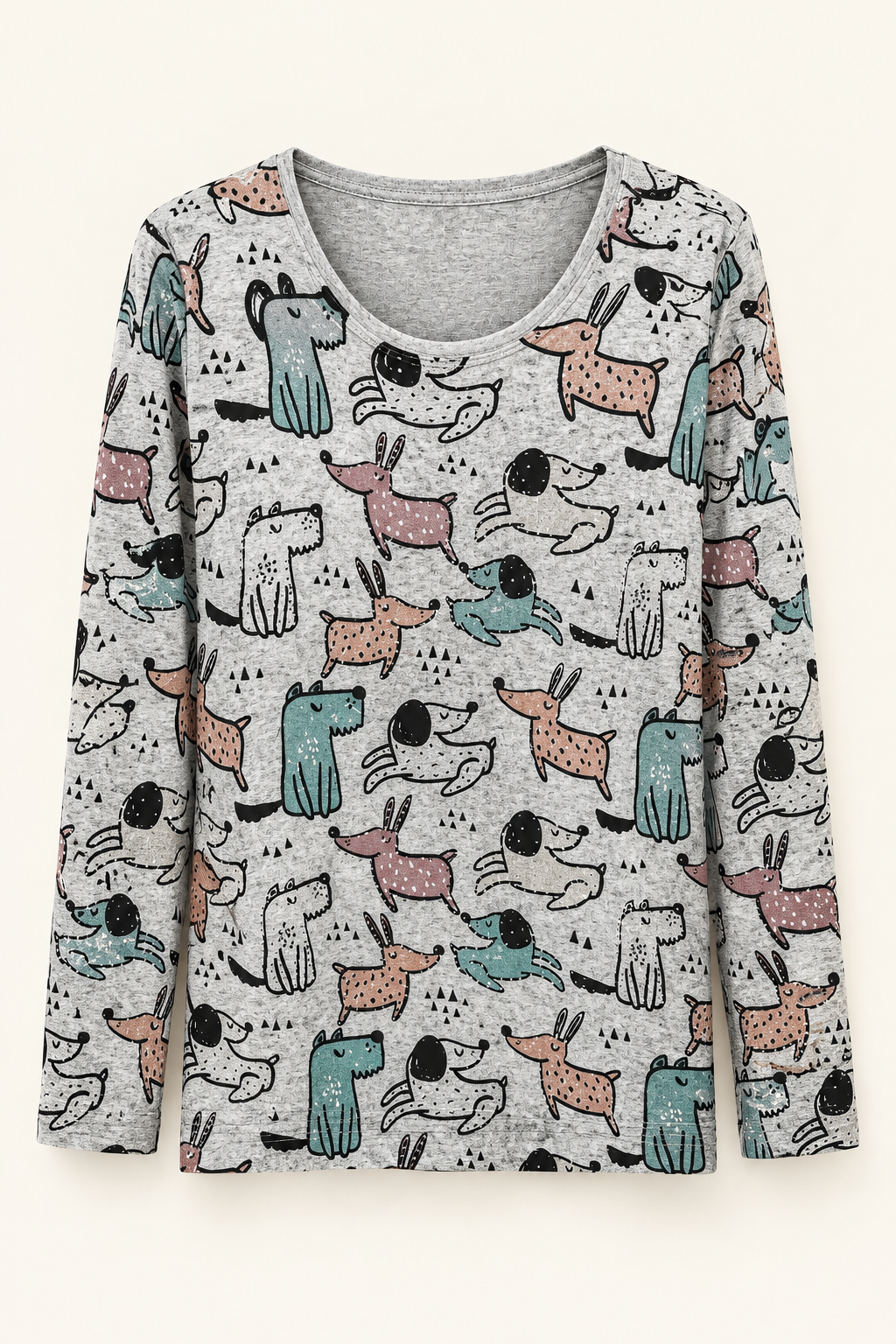 Gray long-sleeve dog-print top with stone accents against a studio backdrop