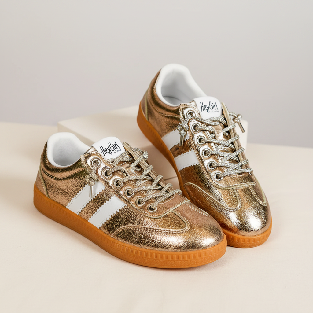Corkys Heads Up gold metallic sneaker pair on cream background