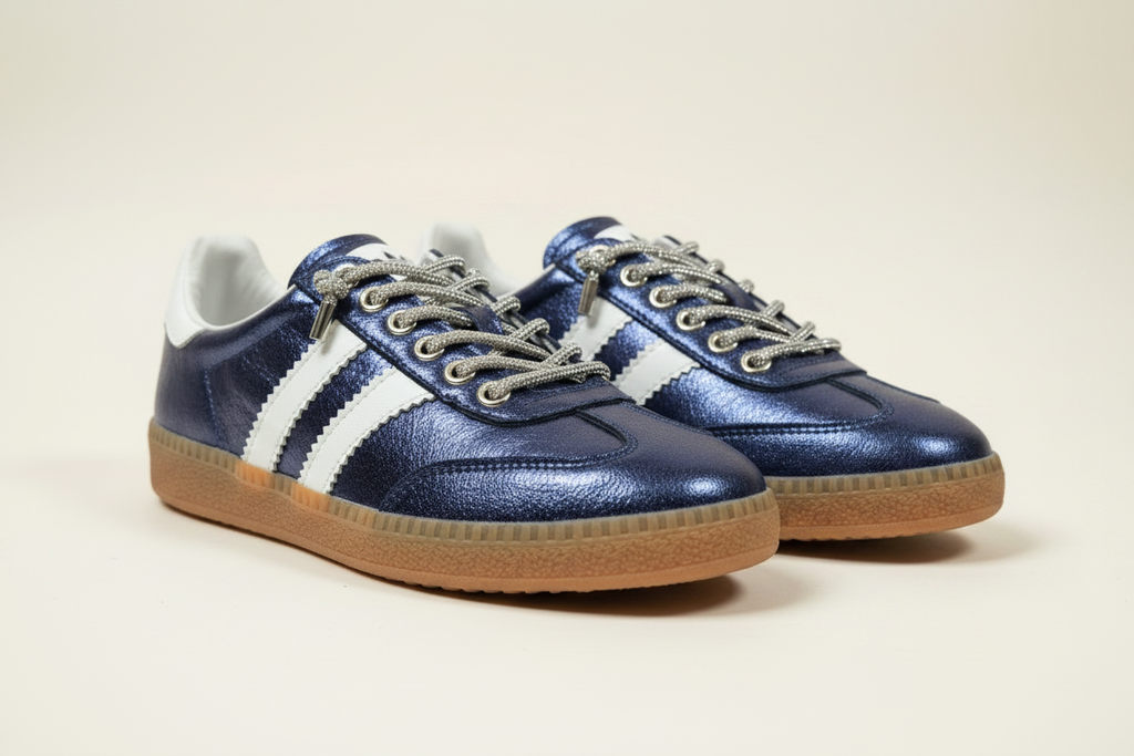 Metallic Navy Sneaker Pair - Cream Background