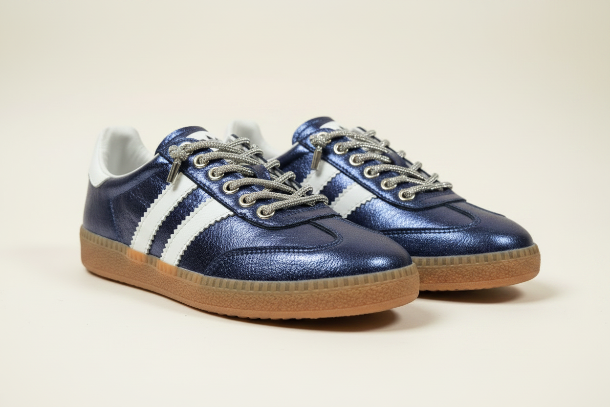 Metallic Navy Sneaker Pair - Cream Background
