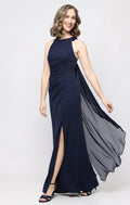 Navy halter gown with chiffon cape