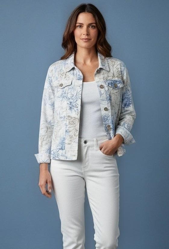 Woman wearing a floral palm print jacket