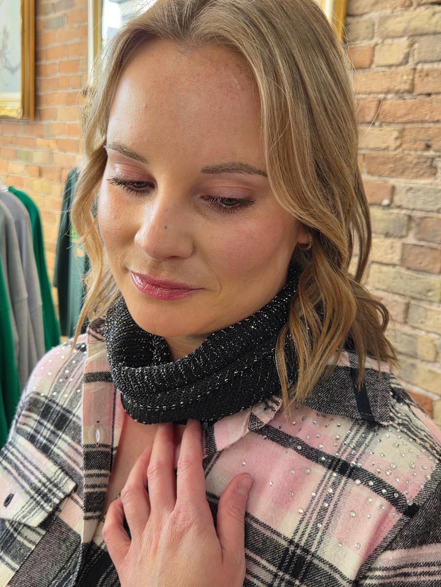 Pink plaid shirt with bling — close up of rhinestone detail and black sparkle turtleneck