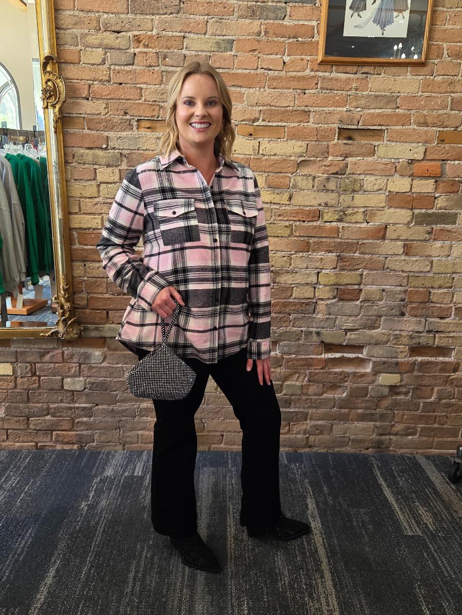 Pink plaid shirt with bling — full length view